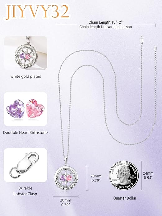 Compass Necklace for Women, Exquisite S925 Valentines Day Anniversary Birthday Gifts for Wife Her Double Birthstone Pendant Jewelry ‘I'd be Lost Without You’