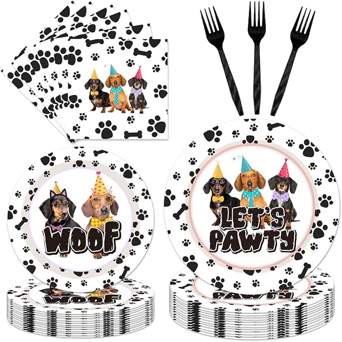 96PCS Dog Plates and Napkins Party Supplies Dachshund Birthday Party Decorations Weiner Dog Decor Lets Pawty Dog Themed Disposable Tableware Set Serve 24 Guests