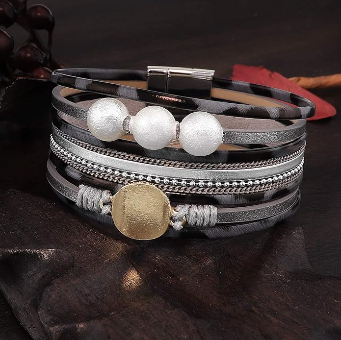 Wowanoo 3Pack Leather Cuff Bracelet Set Multilayer Wrap Bracelet Crystal Feather Tree Bracelet Magnetic Clasp Bracelet for Women