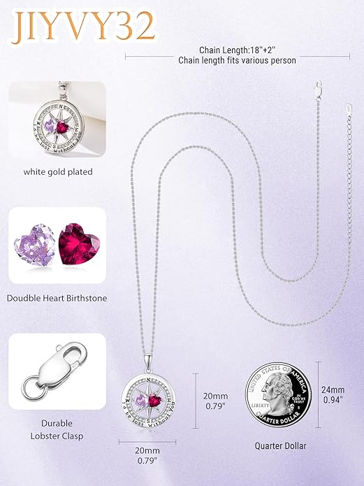 Compass Necklace for Women, Exquisite S925 Valentines Day Anniversary Birthday Gifts for Wife Her Double Birthstone Pendant Jewelry ‘I'd be Lost Without You’