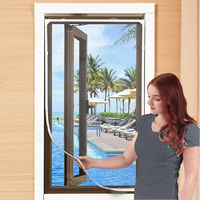 VKX Adjustable DIY Magnetic Window Screen, Fiberglass Mesh, Strong(720GS) Magnetic Strips, White Frames Grey Mesh, Suitable for Various Types of Screen Windows (45"x49")
