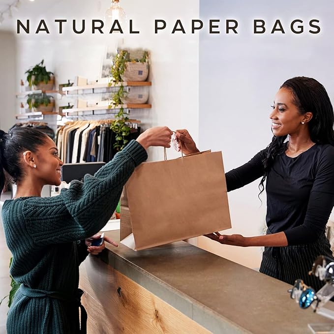 FACEBAG 100Pcs Brown Paper Bags with Handles Bulk, 16x6x12 Inches,Large-sized Kraft Paper Shopping Bags&Gift Bags for Party Favors，Grocery Shopping & Retail，Reusable & Durable