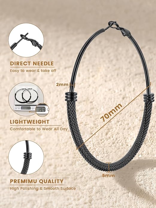 KeyStyle Mesh Hoop Earrings for Women, Stainless Steel Gold Hoops Earring Lightweight Loops, 2MM Thick Hypoallergenic Circle Endless Hollow Hoop 20mm-80mm