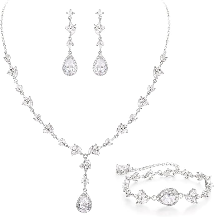 Crysdue Teardrop Bridal Jewelry Set for Wedding Party, Silver/14K/Rose Gold Plated Prom Costume Jewellery for Bride Bridesmaids Women, Cubic Zirconia Necklace Dangle Earrings Bracelet