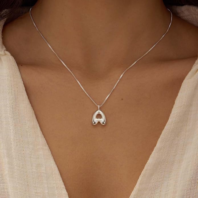 Bubble Gold Silver Letter Necklace Initial Necklaces for Women Trendy 14K Dainty Charm Pendant Name Necklace Personalized Jewelry Gift for Women Teen