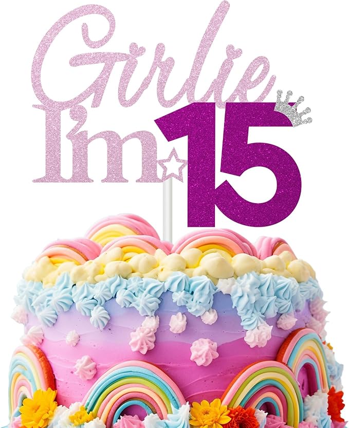 Girlie I'm 15 Cake Topper, 15th Birthday Decorations for Girl, Glitter Funny 15th Birthday Cake Topper, Girlie 15 Year Old Birthday Party Decoration Supplies