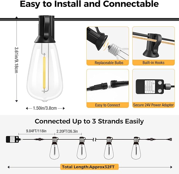 litogo 30FT LED Outdoor String Lights with Dimmer, Waterproof Patio Lights with ST38 Shatterproof Vintage Edison Bulbs, Warm White Outside Hanging Light with Timer for Yard Gazebo Party