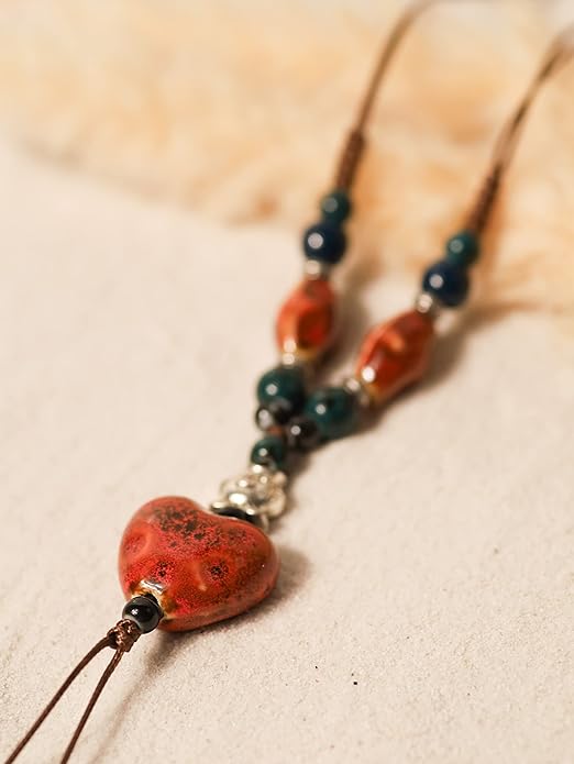 MINACHI Boho Hippie Colorful Ceramic Heart Bead Strand Necklace, Bohemian Summer Statement Jewelry Gift for Women