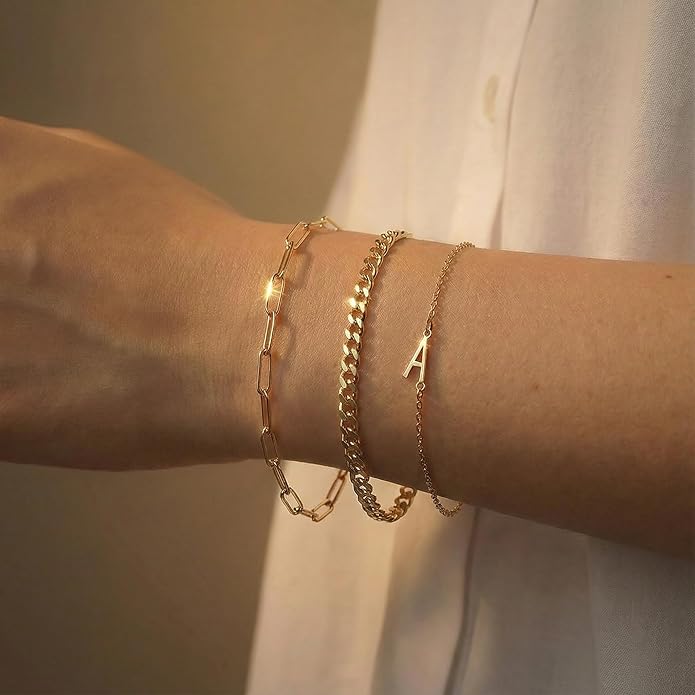 14K Gold Plated Bracelets for Women, A–Z Initial Charm Bangles Jewelry Set, Elegant Gold Accessories, Friendship Bracelet Gifts for Mom