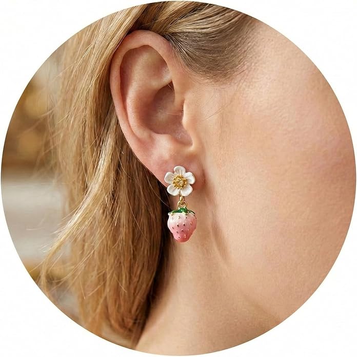 Pink Strawberry Flower Drop Earrings - Cute Enamel Fruit & Floral Stud Drop Earrings for Women, 18K Gold Plated Dainty Aesthetic Jewelry