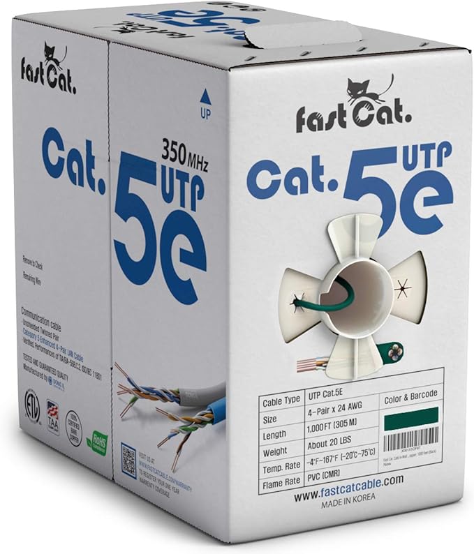 fast Cat. Cat5e Ethernet Cable 1000ft - 24 AWG, CMR, Insulated Bare Copper Wire Cat 5 ethernet Cable with FastReel - 350MHZ / Gigabit Speed UTP Cable Cat5e - CMR (Green)