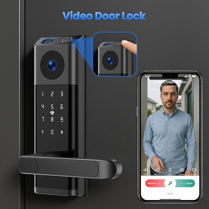 CAMCAMP WiFi Video Smart Lock with Camera & Doorbell, Keyless Entry Door Lock with Handle for Front Door, Five Ways to Unlock Fingerprint, App, Key, Fob, Keypad, Auto Lock, Easy to Install