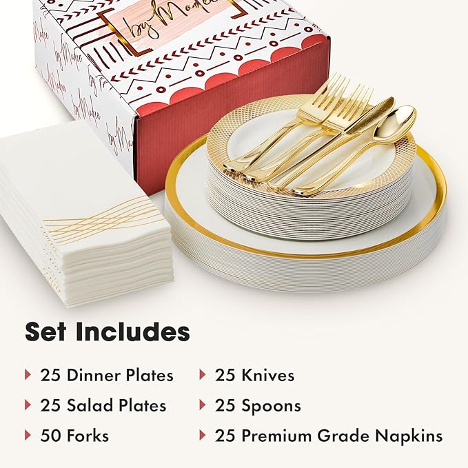 By Madee High End Thanksgiving Disposable Dinnerware Set - 175 Pcs 25 Guests – White & Gold Plastic Plates, Cutlery Linen Feel Napkins - Elegant and Effortless for Fall Holiday Hosting
