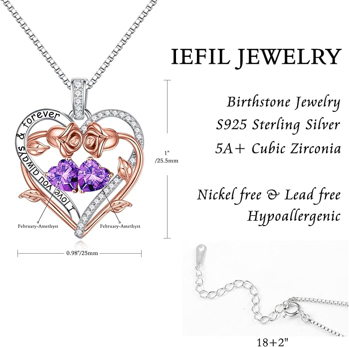 Iefil Valentines Gifts for Her Wife Women - Rose Heart Double Birthstone Necklace Gift for Wife Girlfriend Her Women, Birthstone Jewelry Gemstone Birthday Gifts for Mom Grandma Her