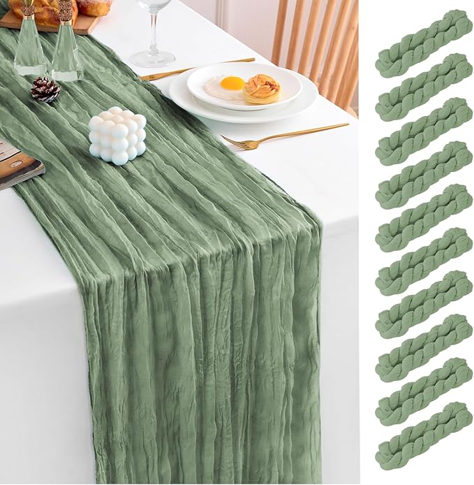 10 Pack Sage Green Table Runner 120 Inch Cheesecloth Table Runner 10FT Boho Gauze Table Runner Long Cheese Cloth Table Runner Semi Sheer Runners for Wedding Bridal Baby Shower Party