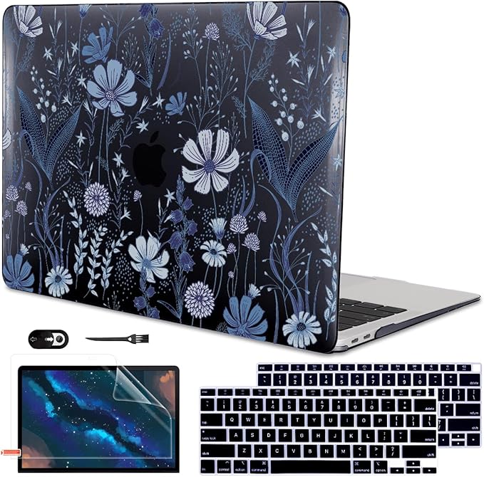 for 2018 2019 2020 2021 MacBook Air 13 Inch Case M1 A2337 A2179 A1932, Pattern Plastic Hard Shell Case Cover for MacBook Air 13.3 M1 with Retina Display & Touch ID, Wild Flowers Black