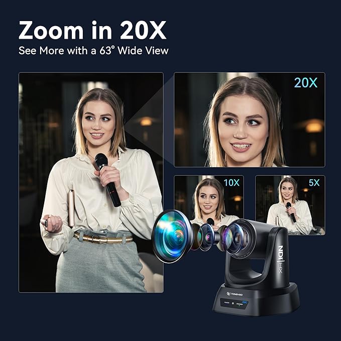4K NDI PTZ Camera AI Auto-Tracking 20X Optical Zoom HDMI IP Live Streaming SDI USB3.0 PoE LAN Supports for Church Worship Event Video Conference YouTube OBS vMix Zoom Teams and More