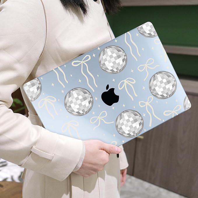 MEEgoodo Case for MacBook Air M4/M3/M2 13.6 inch 2025 2024 2022, Fit Model A3240 A3113 A2681, Compatible with MacBook Air 13 inch, Laptop Hard Shell Case with Keyboard Cover, Silver Disco Balls & Bows