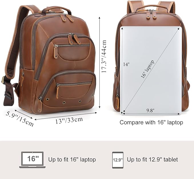 TIDING Brown Leather Travel Backpack for Men, Vintage 16 Inch Laptop Casual Daypack Business Camping Overnight Rucksack
