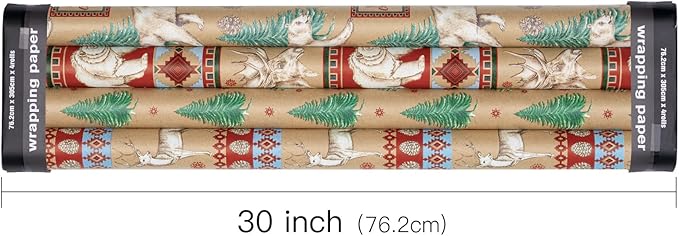 RUSPEPA Christmas Kraft Wrapping Paper - Polar Bear, Reindeer and Christmas Tree Design - 4 Rolls - 30 inches x 10 feet per Roll