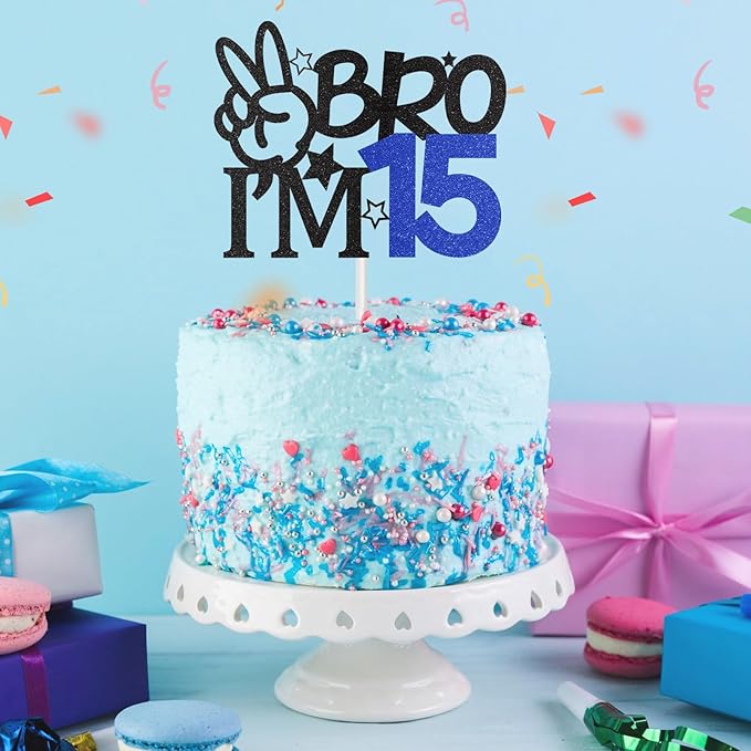 Bro I'm 15 Cake Topper, 15th Birthday Decorations for Boy, Glitter Funny 15th Birthday Cake Topper, Big Brother 15 Year Old Birthday Party Decoration Supplies