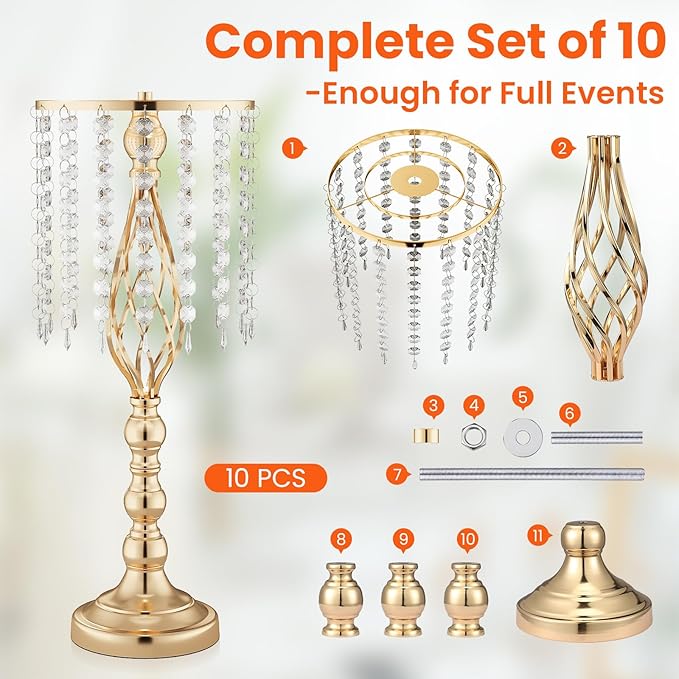 10Pcs 21.5 Inch Gold Wedding Centerpieces Vase Tall Crystal Flowers Stand for Table Elegant Metal Flower Arrangement Vases for Reception Road Lead Birthday Party Anniversary Home Decorations