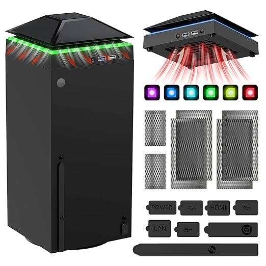 MENEEA Cooling Fan Dust Proof for Xbox Series X Console with Colorful Light Strip,Dust Cover Filter,Rubber Dust Plugs,Low Noise Top Fan with 3 Gears,Cooler&Light Independent Touch Switch, 2 USB Port
