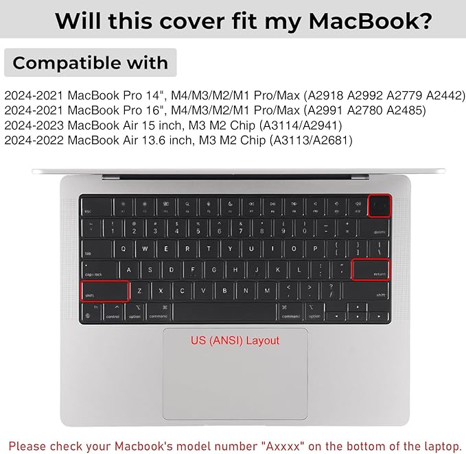 EooCoo Premium Keyboard Cover Skin Ultra Thin Protector Compatible with 2025-2021 MacBook Air 15" 13.6" M4 M3 M2 Chip, MacBook Pro 14" 16" M4 M3 M2 M1 Pro Max Chip, Black