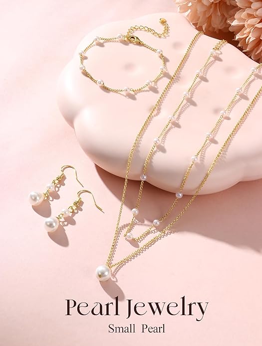 YADOCA Gold Jewelry Set for Women - 16K Gold Plated Pearl Necklace and Earring Set With Drop Earrings,Charm Layered Necklace,Adjustable Bracelets - Dainty Women's Pearl Jewelry Set For Wedding Gifts