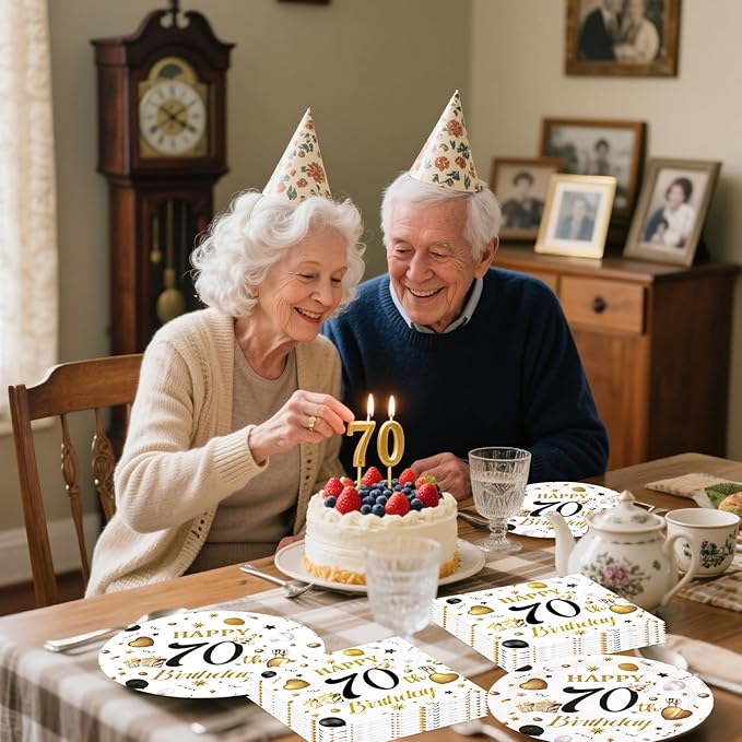 75PCS 70th Birthday Plates and Napkins Party Decorations, 7 Inch White and Gold Happy Birthday Paper Plates and Napkins Disposable Tableware Set 70 Year Old Birthday's Party Decor for Women Men