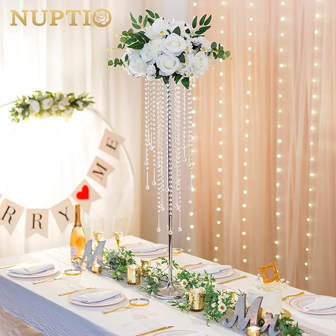 NUPTIO Silver Crystal Flower Vases for Weddings, 2 Pcs 39.4in Tall, Elegant Party Decorations