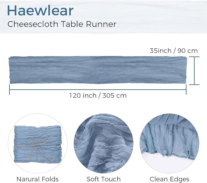 6 Pack Boho Gauze Cheesecloth Long Rustic Sheer Table Runner for Wedding, Bridal, Baby Shower, Birthday Party, Cake Table, Arbor Decorations (Dusty Blue)