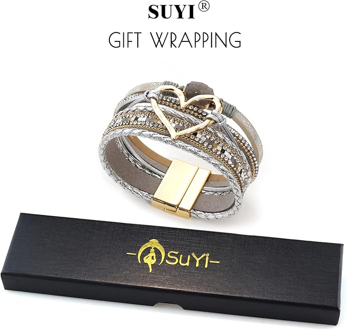 Suyi Multilayer Leather Wrap Bracelet Heart-Shape Wide Cuff Bracelets for Women