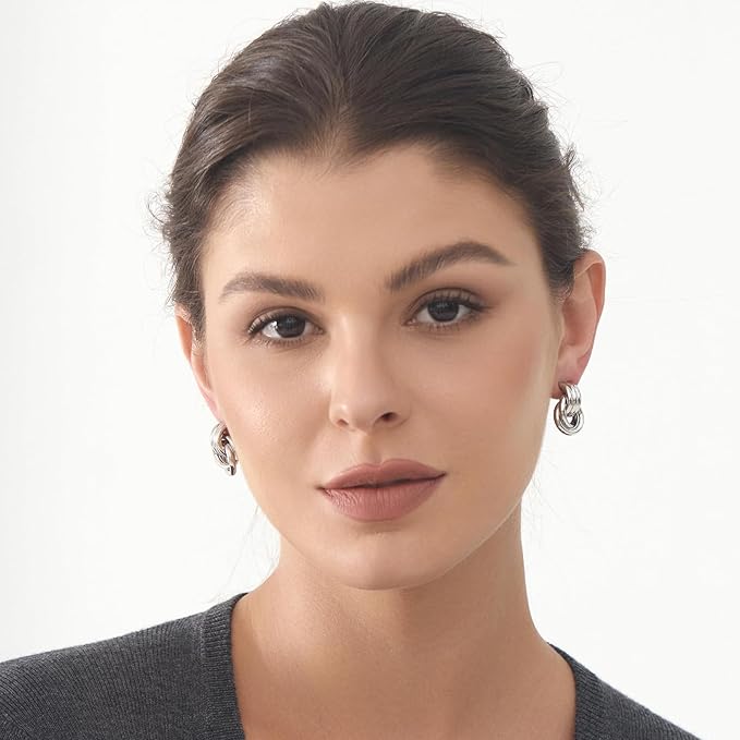 Silver Chunky Knot Earrings Geometric Drop Dangle Trendy Earrings Studs for Women_M Size