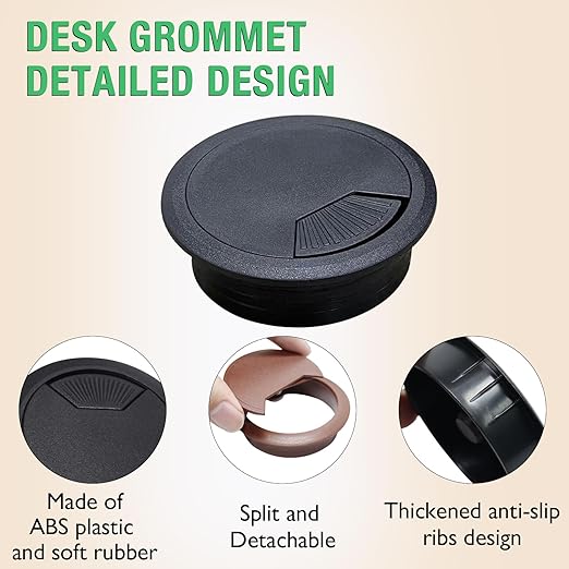 2 Pcs Desk Grommet 2-3/8" / 60 mm, Desk Cord Hole Cover, Cable Grommet ABS Plastic, Desk Hole Grommet for Home & Office Pc, Detachable Adjustable Cable Cord Organizer-Black