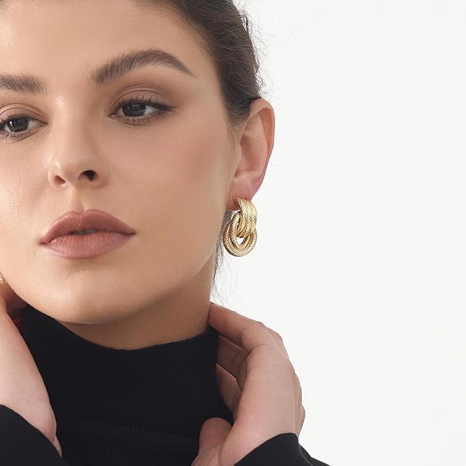 Chunky Knot Link Earrings, Circle Statement Drop Dangle Studs for Women Trendy Jewelry, L