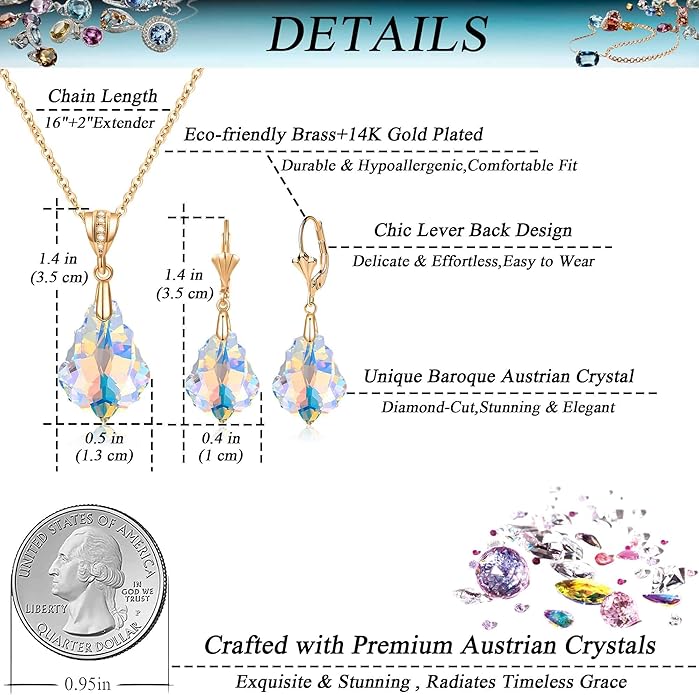 EVEVIC Austrian Crystals Baroque Pendant Necklace Earrings for Women 14K Gold Plated Hypoallergenic Leverback Drop Dangle Earrings Jewelry Set