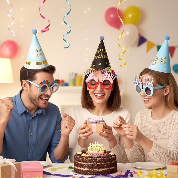 20 Pcs Birthday Party Hats and Sunglasses Set, Happy Birthday Cone Hats & Sunglasses Rainbow Party Cone Hat with Pom Poms for Adults & Kids Photo Props Parties Decor Favors Supplies