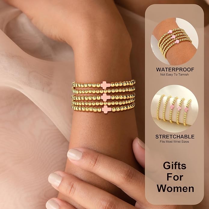 Gold Bead Bracelets for Women Girls - 14K Gold Plated Dainty Round Bead Ball Pearl Cross Bracelet Stack for Women Teenage Girls Stackable Jewelry Christmas Gifts