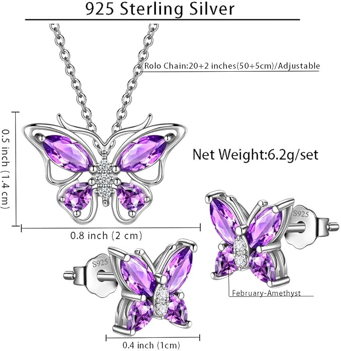 925 Sterling Silver Birthstone Butterfly Jewelry Women Crystal Animal Cute Butterflies Birthday Necklace/Earring/Ring/Bracelet Sets Birth Stone Statement Anniversary Jewellery