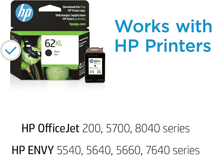 HP 62XL Black High-yield Ink Cartridges for HP Printers | Works with Printer Series: ENVY 5540, 5640, 5660, 7640, OfficeJet 5740, 8040, OfficeJet Mobile 200, 250 | Instant Ink | C2P05AN