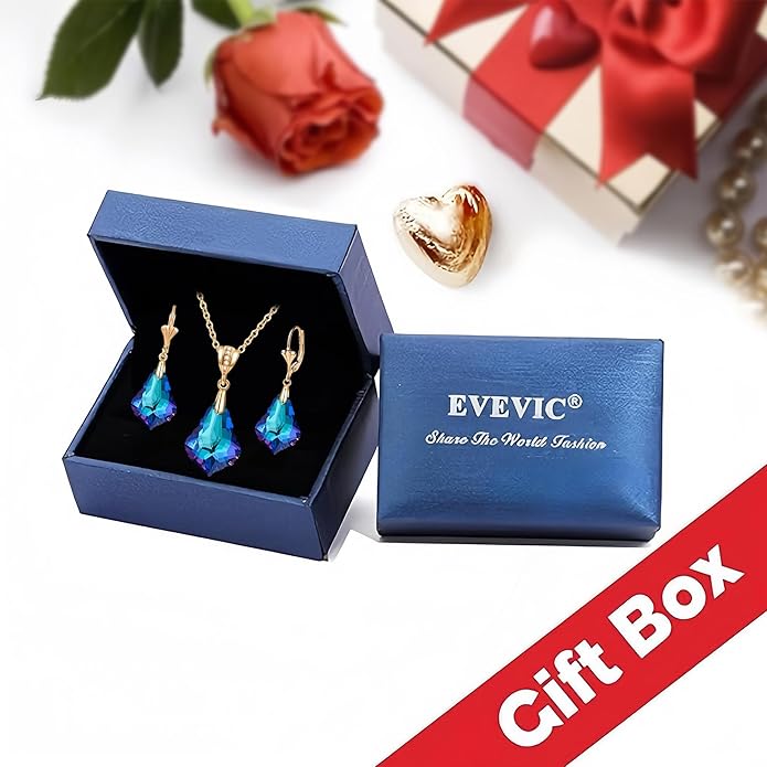 EVEVIC Austrian Crystals Baroque Pendant Necklace Earrings for Women 14K Gold Plated Hypoallergenic Leverback Drop Dangle Earrings Jewelry Set