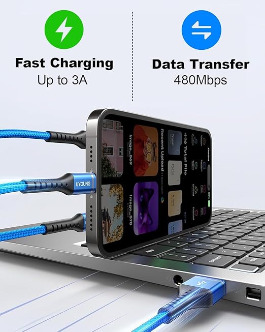 Multi Charging Cable 2Pack 4FT, 3 in 1 Charger Cable Braided Universal Phone Charging Cord with Lightning/Type C/Micro USB Ends, Multiple USB Cable for iPhone/Samsung/Google Cell Phones and More