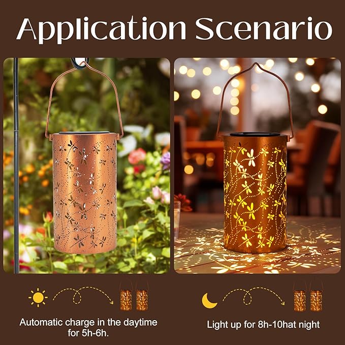 Christmas Gifts,Solar Lanterns Outdoor Hanging Lantern Lights, Dragonfly Hollowed-Out Metal Decor Lantern, Waterproof LED Decorative Garden Light - Delicate Garden Decoration for Patio, Yard