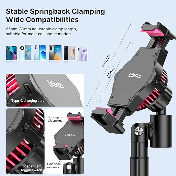 ULANZI SK-06 Cell Phone Stand with Phone Cooler, Desktop Phone Live Streaming Solution with Phone Cooling Fan, Height Adjustable Phone Cooler Stand Compatible with All Mobile Phones, iPhone & Android