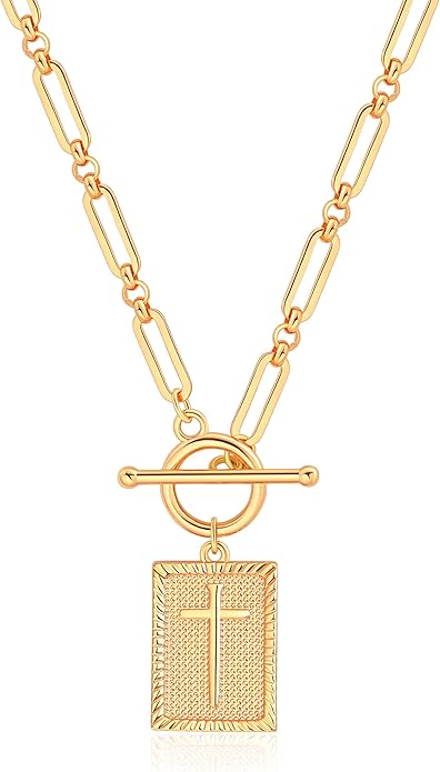 Aobei Pearl 18K Gold Plated Moon Star Lion Evil Eye Love Heart Cross Pendant Necklace Medallion Paperclip Chian Choker Layering Jewery for Women