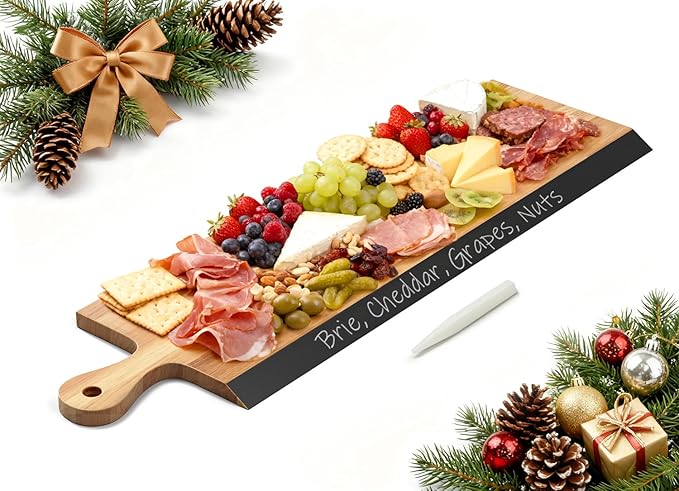 32" Acacia Charcuterie Board with Handle – Extra Long Serving Platter with Chalkboard Edge for Cheese, Meat & Appetizers – Large Wooden Kitchen Board for Parties, Gatherings & Home Decor