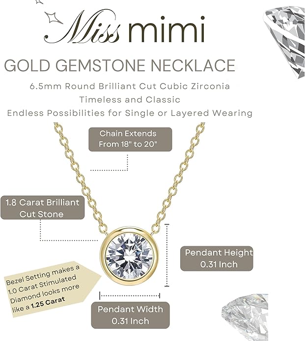 MISS MIMI Solitaire Cubic Zirconia Necklace for Women, 1–3 CT Round,Heart,Princess Cut CZ Options, Bezel or Prong Set in 925 Sterling Silver, Adjustable 16–20" Minimalist Everyday Jewelry