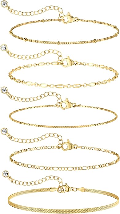 MBW Gold Bracelets for Women Trendy, Dainty 14K Gold Plated Bracelet Stack Beaded Chain Bracelet Set Thin Small Cute Paperclip Bracelets Fashion Waterproof Jewelry Gift Gold Accessories for Women