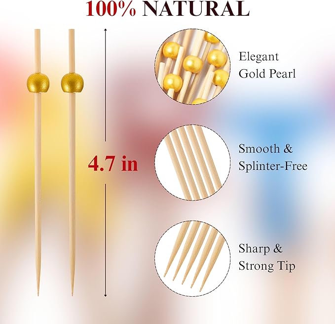 CATIFLIN 300PCS Gold Pearl Cocktail Picks, 4.7" Bamboo Toothpicks for Appetizers, Fancy Food Sticks for Party, Wedding, Charcuterie, Fruit, Dessert, Drinks, Buffet Decor